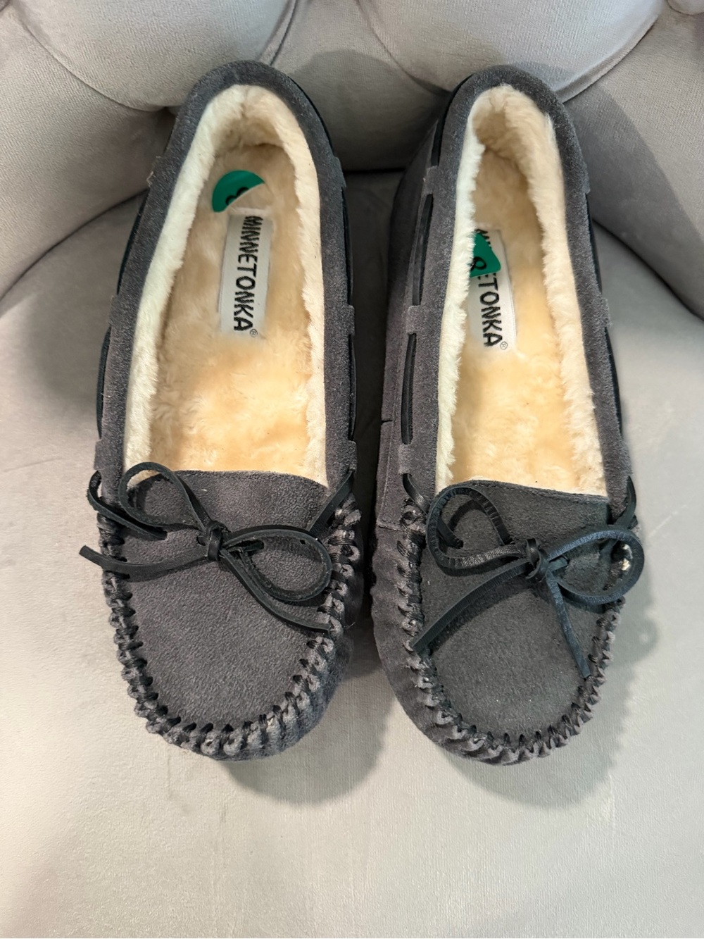 Minnetonka Women's Charcoal Gray Suede Shearling Moccasins